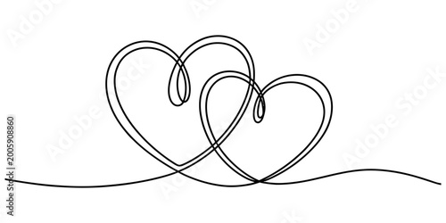 Foto Two connected hearts drawn with one continuous black line showing love and unity