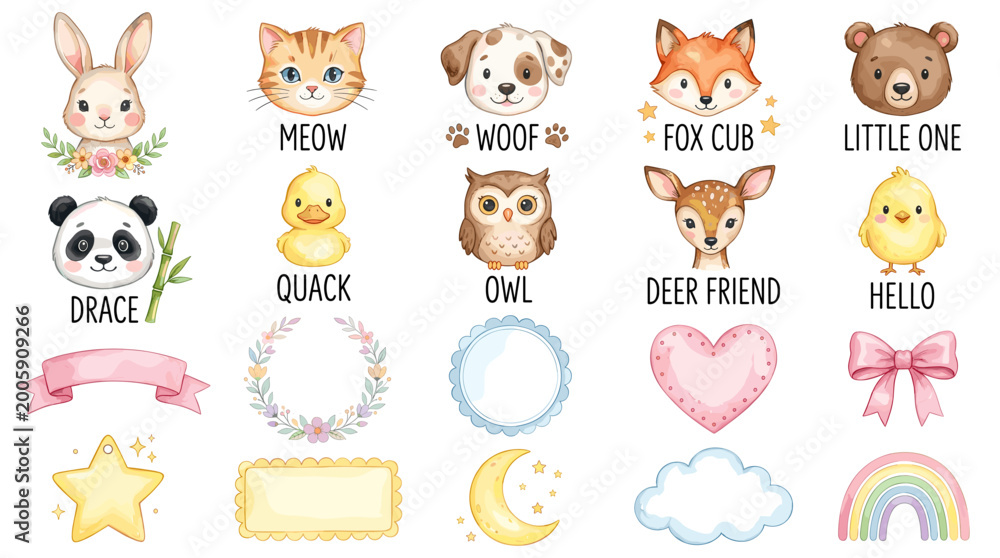Fototapeta premium Watercolor cute animal vector set with bunny, meow cat, dog, fox, panda, owl, deer, chick, stars, labels, moon, cloud and rainbow nursery elements
