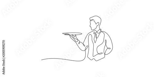 Photos Continuous line drawing of a waiter holding a tray, minimalist one line art of a server in professional hospitality style, vector illustration