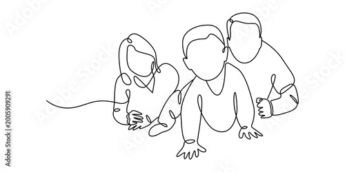 Photos Continuous line drawing of a happy family sitting together, minimalist one line art of parents and children, modern vector illustration