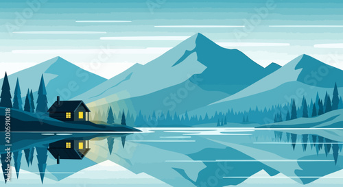 Cuadro en lienzo Cozy Cabin by a Serene Lake with Mountain Reflections.