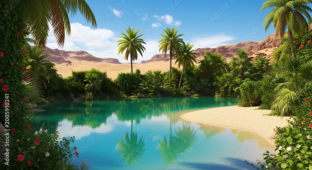 Fototapeta premium Tropical oasis with palm trees and lagoon.