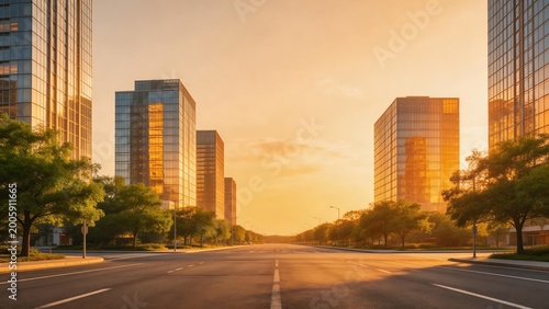 Empty urban street with tall buildings at sunset