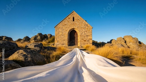 Stone chapel in rocky landscape