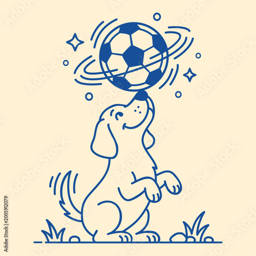 Fotografie Blue Line Art Illustration of a Talented Puppy Dog Balancing and Spinning a Socc