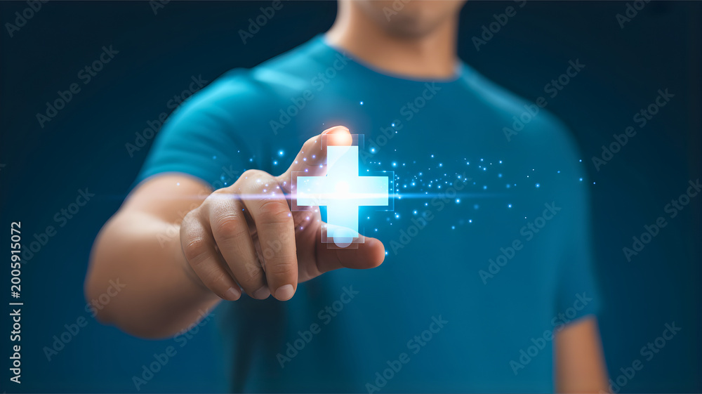 Obraz premium Health and Wellness Concept with a Glowing Digital Plus Sign Being Touched by a Person
