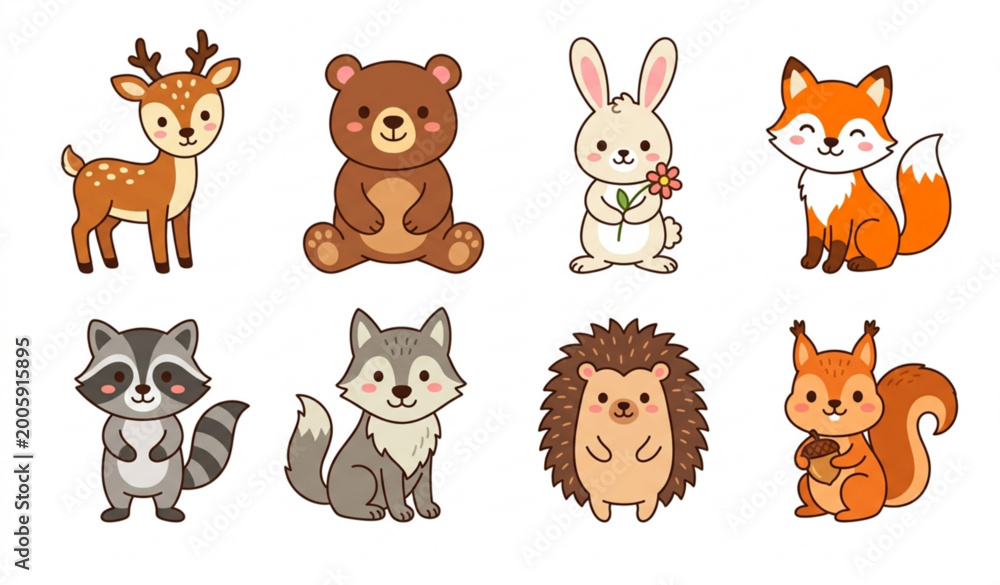Obraz premium Cute forest animals vector set with bright cartoon wildlife characters fox bear rabbit deer isolated on white