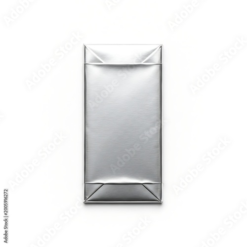 Shiny silver gift wrap pouch standing upright on white background
