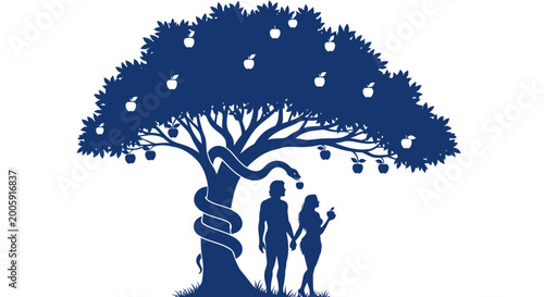 Φωτογραφία Symbolic Tree of Life Silhouette with Serpent and Couple, representing Genesis, temptation, knowledge