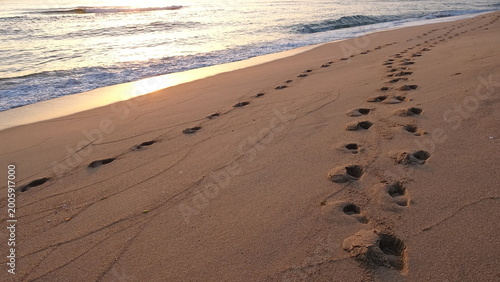 Φωτογραφία Human Footprints on Sandy Beach at Sunrise