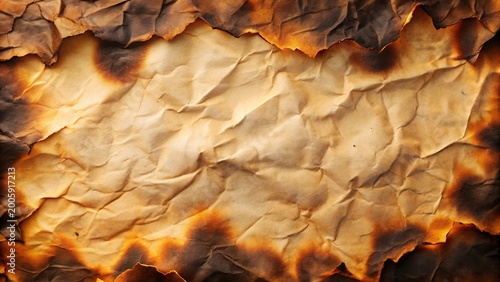 Crumpled burnt paper background with burnt edges, vintage texture of crumpled parchment, background from aged blank paper sheet in grunge style.