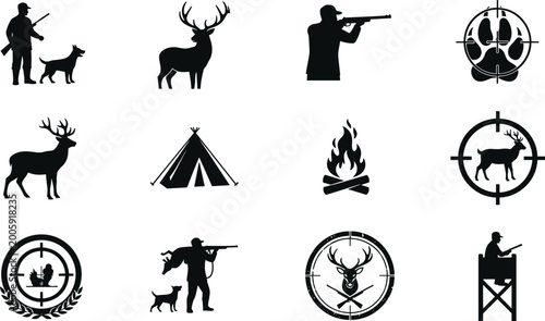 Fotografia Hunting and outdoor adventure silhouette collection showing hunters, dogs, deer,