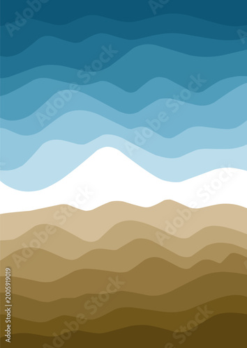 Abstract vector landscape illustration featuring stacked, wavy horizontal layers in a gradient of colors. The top section transitions from dark to light blue, the middle is white, and the bottom layer