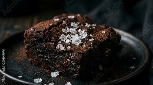 Close-up of a decadent chocolate brownie with coarse sea salt sprinkled on top resting on a dark plate baked good sweet tooth chocolate treat salty sweet brownie dessert salt crystals homemade
