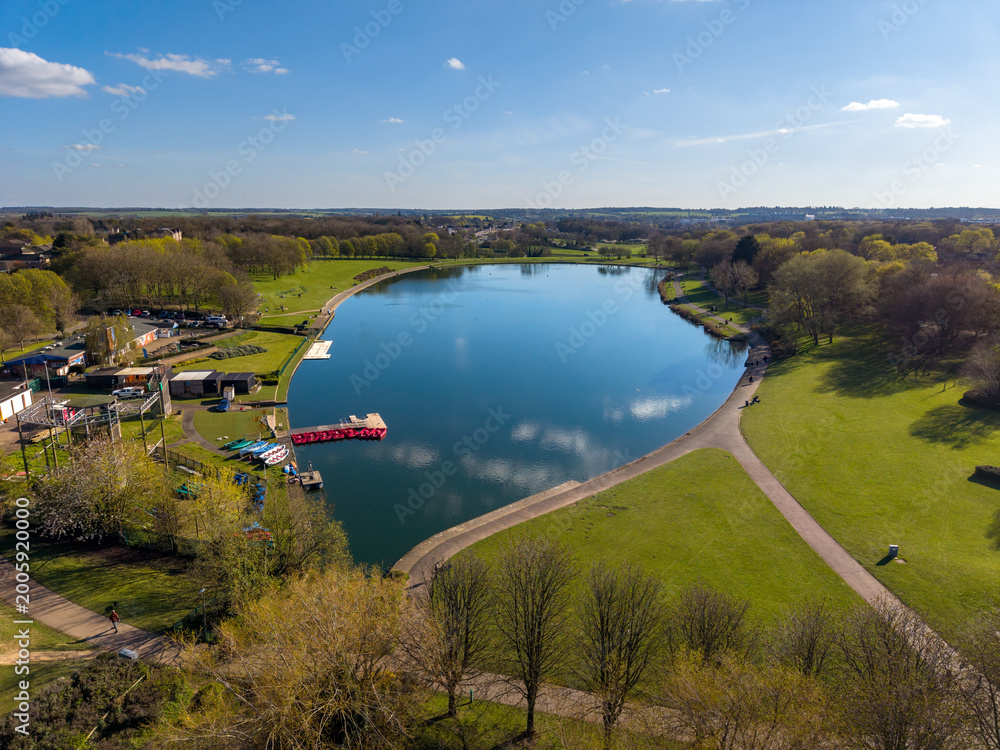 Fototapeta premium Drone view of Fairlands Valley Park in Stevenage. England