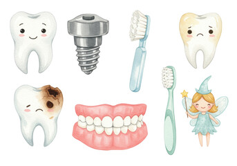 A set of cute watercolor dental icons: smiling and decayed teeth, toothbrush, implant, and a tooth fairy on a white background. Concept of children's dental care