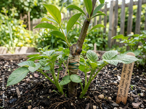 Grafted plum scion on potato rootstock in garden soil, experimental fruit tree grafting technique, young green plant with wooden label 4k, Premium Quality,