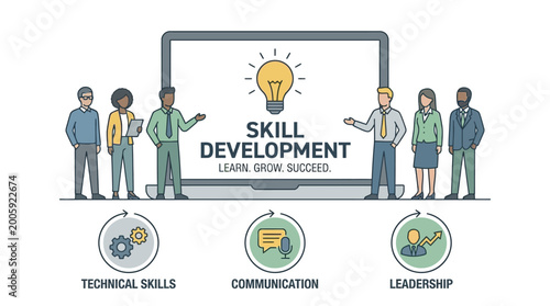 People standing around a laptop discussing skill development with icons