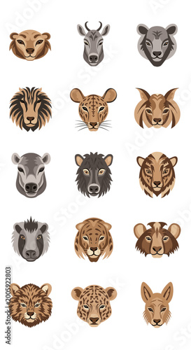 Photos A collection of fifteen stylized animal head illustrations featuring various mammals like deer, lions, leopards, and wolves, arranged in a grid