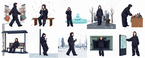 Photos Illustrated Collection of Woman in Dark Raincoat Engaged in Various Urban Winter