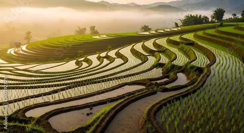 Misty Green Rice Terraces Landscape Sunrise Farming Field View