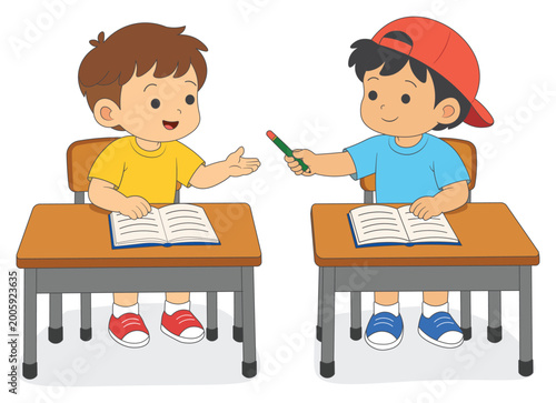 Photos Kid lending pencil to classmate at school, children helping friend in classroom