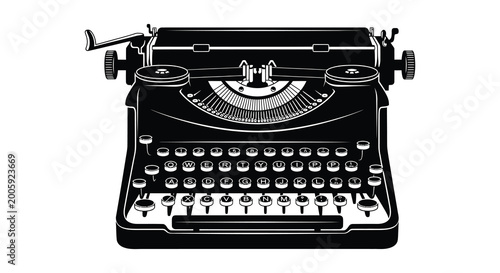 Vintage typewriter with keys and carriage return black silhouette high quality professional detailed modern elegant stylish clean crisp vibrant