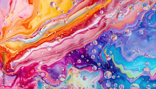 Vibrant abstract fluid art background with colorful paint and shiny oil water bubbles.