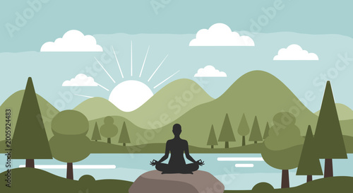 Fotografia Peaceful meditation scene with a person in lotus pose amidst nature at sunrise