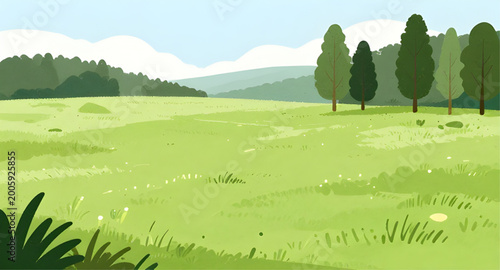 Canvastavla meadow, landscape, cartoon, green, trees, sky, blue, grass, nature, field, outdo