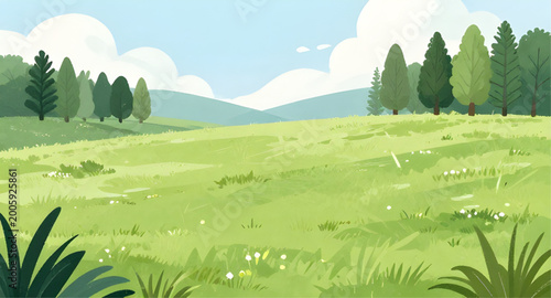 Foto meadow, landscape, cartoon, green, trees, sky, blue, grass, nature, field, outdo