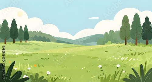 Foto meadow, landscape, cartoon, green, trees, sky, blue, grass, nature, field, outdo