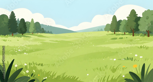 Tableau sur toile meadow, landscape, cartoon, green, trees, sky, blue, grass, nature, field, outdo