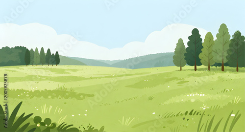 Konstfotografi meadow, landscape, cartoon, green, trees, sky, blue, grass, nature, field, outdo
