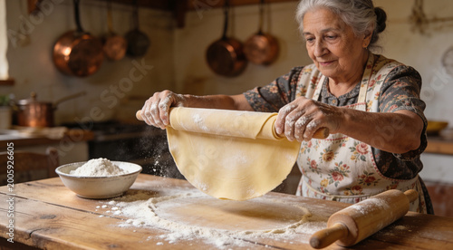 Senior Italian Woman Rolling Out Fresh Pasta Dough with Wooden Pin in Rustic Farmhouse Kitchen, Traditional Homemade Pasta Making, Authentic Grandmother Cooking Scene