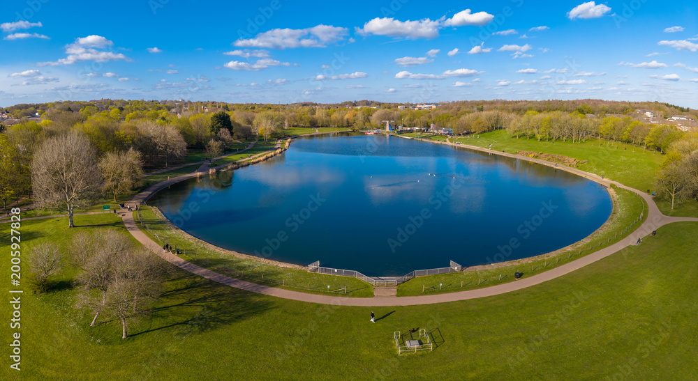 Fototapeta premium Drone view of Fairlands Valley Park in Stevenage. England