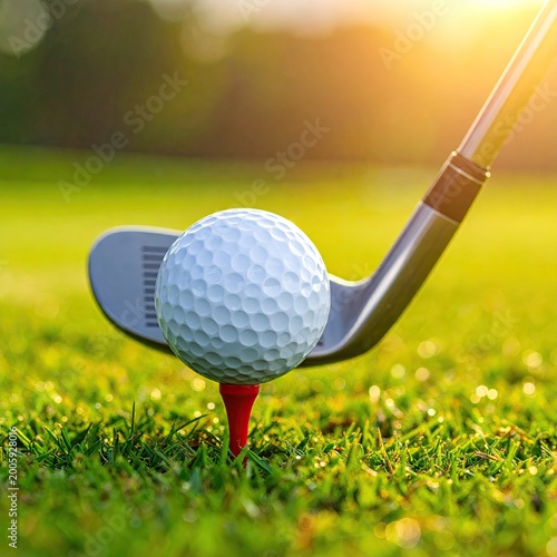 Golf club poised over a white golf ball on a tee in a grassy field at sunrise