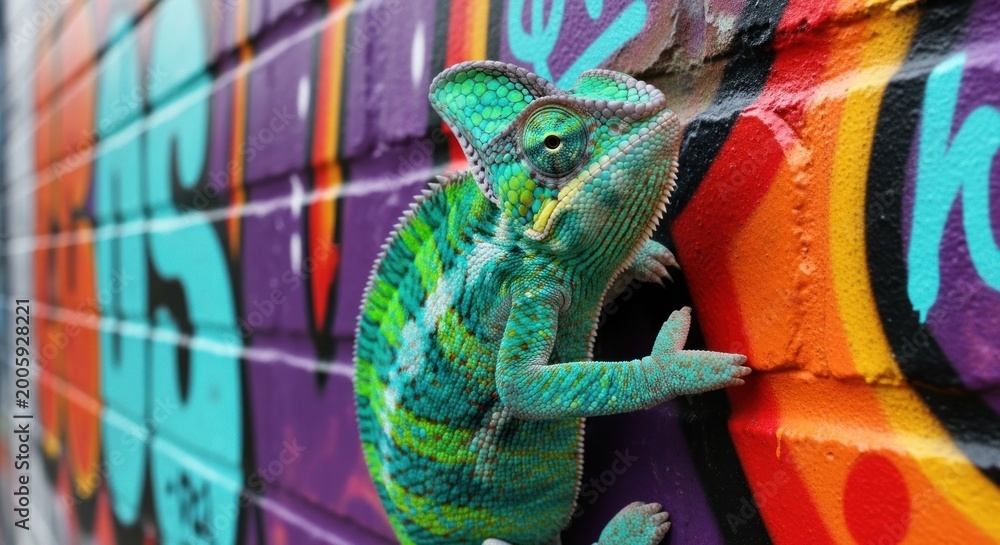 Fototapeta premium Colorful chameleon on graffiti wall urban.
