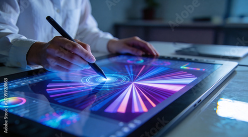 Digital Artist Using Stylus Pen on Large Interactive Graphic Display Tablet, Illustrating Colorful Abstract Vibrant Light Patterns in a Darkened Creative Studio, Modern Graphic Design and Tech Concept