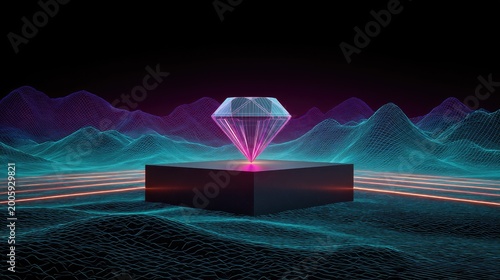 Glowing crystal atop platform in neon digital landscape