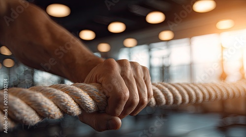 Strong grip on thick rope, intense focus in gym
