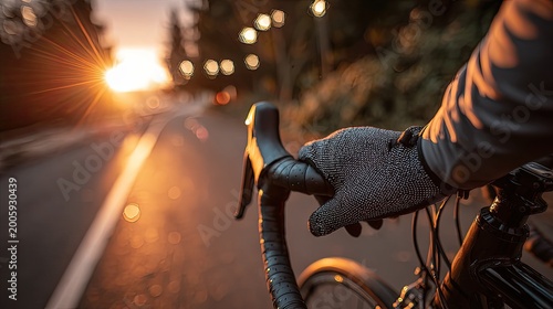 Cyclist's hand on handlebar during sunset, sunburst flares