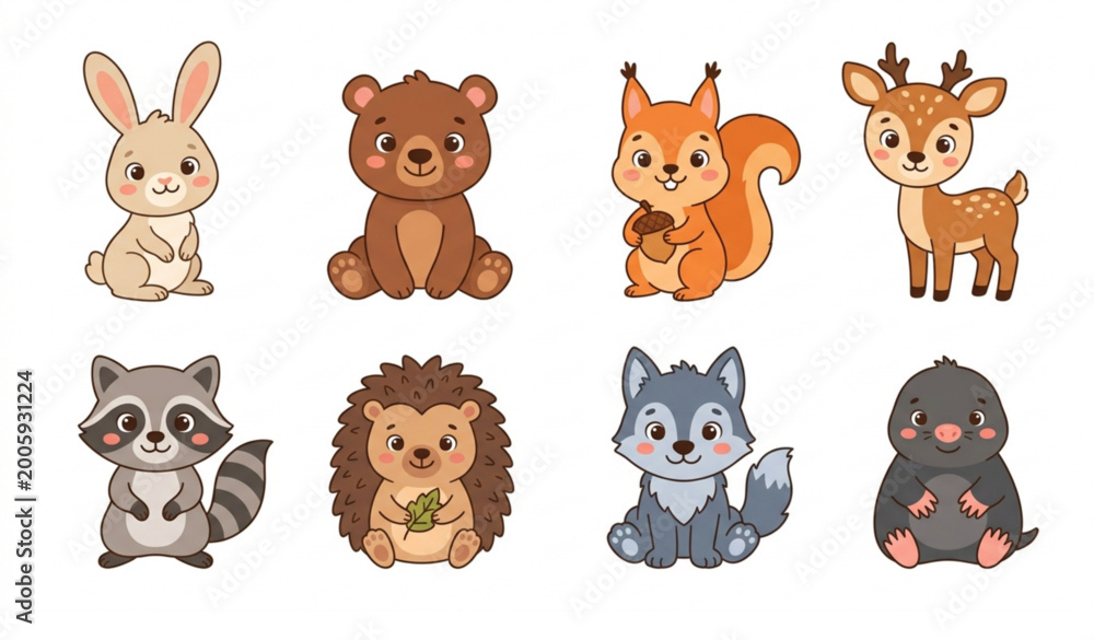 Fototapeta premium Cute baby forest animals vector set with hedgehog bear squirrel wolf raccoon hare deer cartoon illustration isolated on white