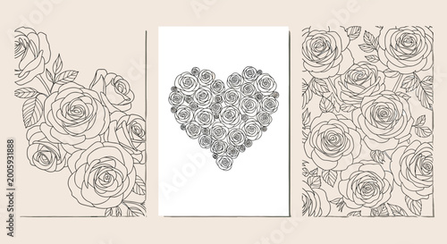 Elegant floral design set featuring roses in black line art including a heart shaped arrangement and a full page pattern.