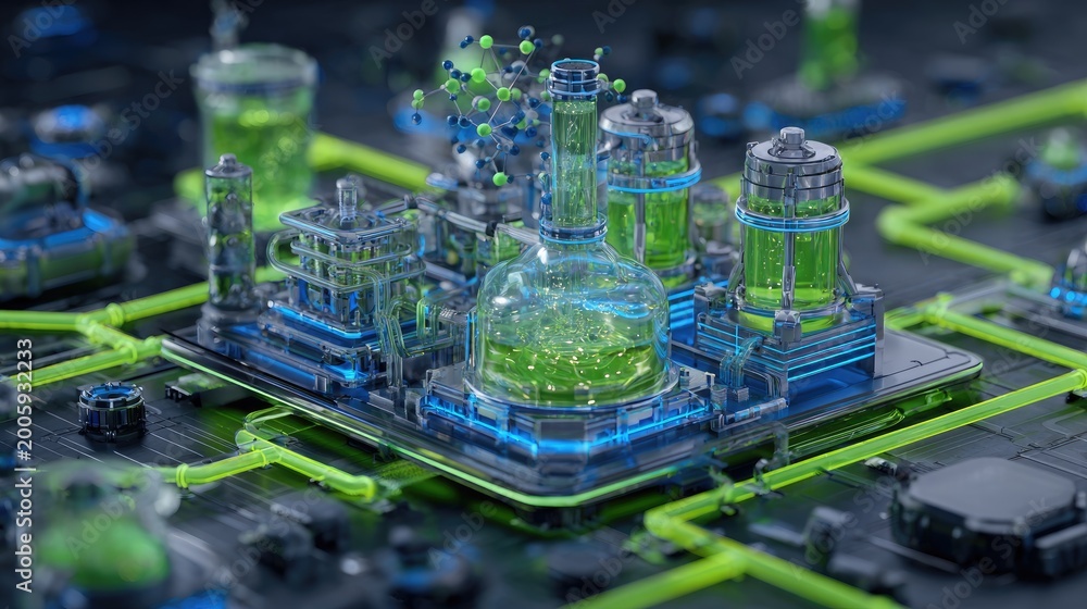 Obraz premium Futuristic laboratory with glowing green liquids in glass vessels