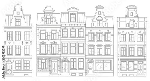 Detailed black and white architectural line drawing of several traditional European townhouses with classic facade designs.