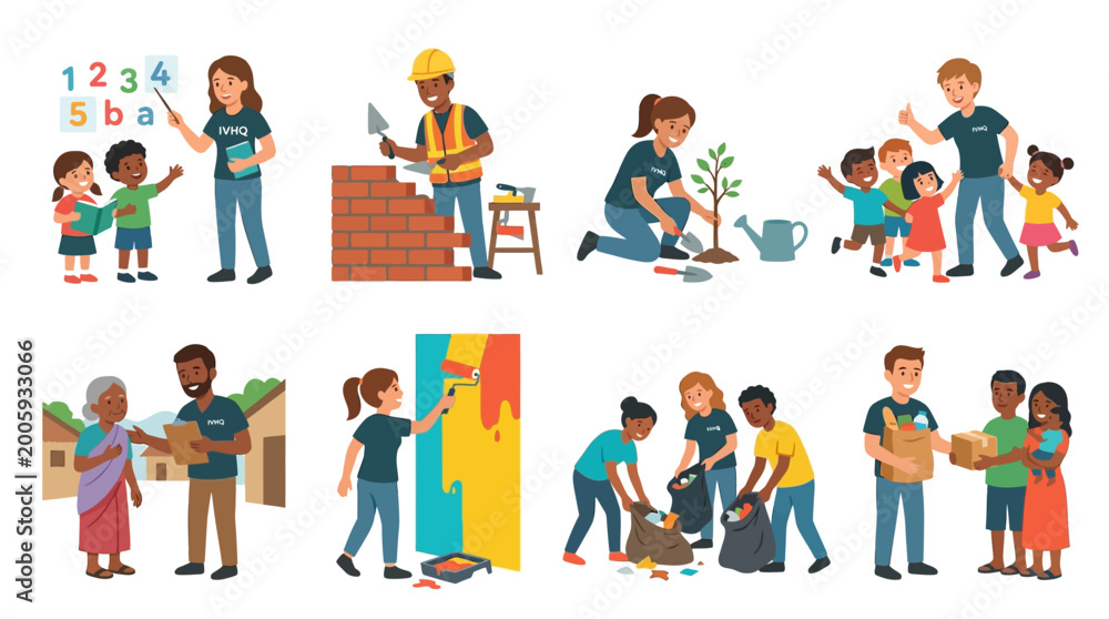 Fototapeta premium Diverse volunteers perform various charitable acts including community teaching, construction work, environmental planting, cleaning, painting and providing humanitarian food assistance