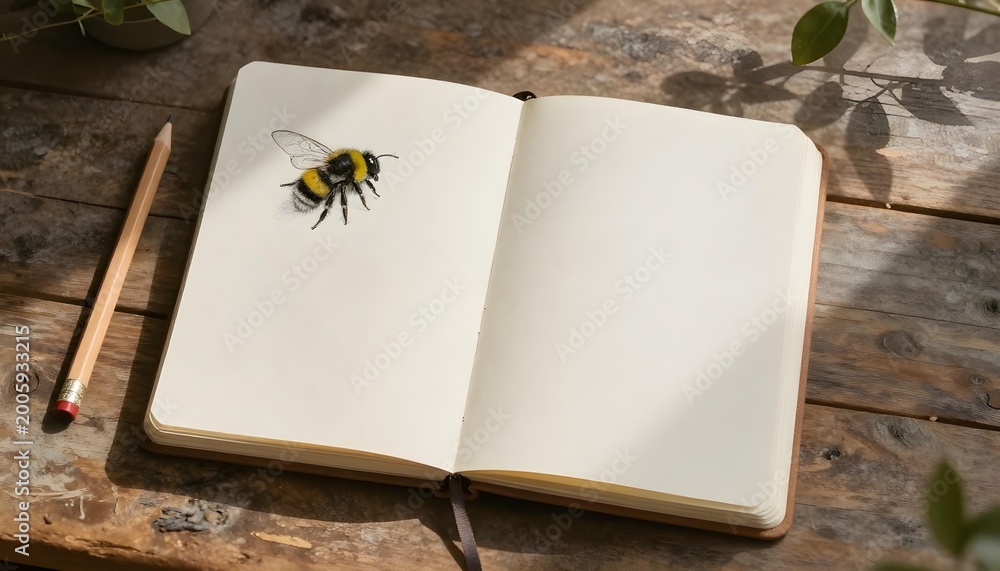 Fototapeta premium Bee perched on a notebook on a wooden table, representing the significance of pollinators in supporting host plants and ecosystems