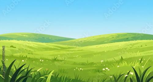 Fotografía cartoon green hills illustration, vibrant landscape background, blue sky scenery