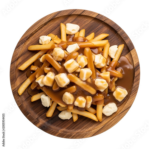 Top view poutine on wooden plate